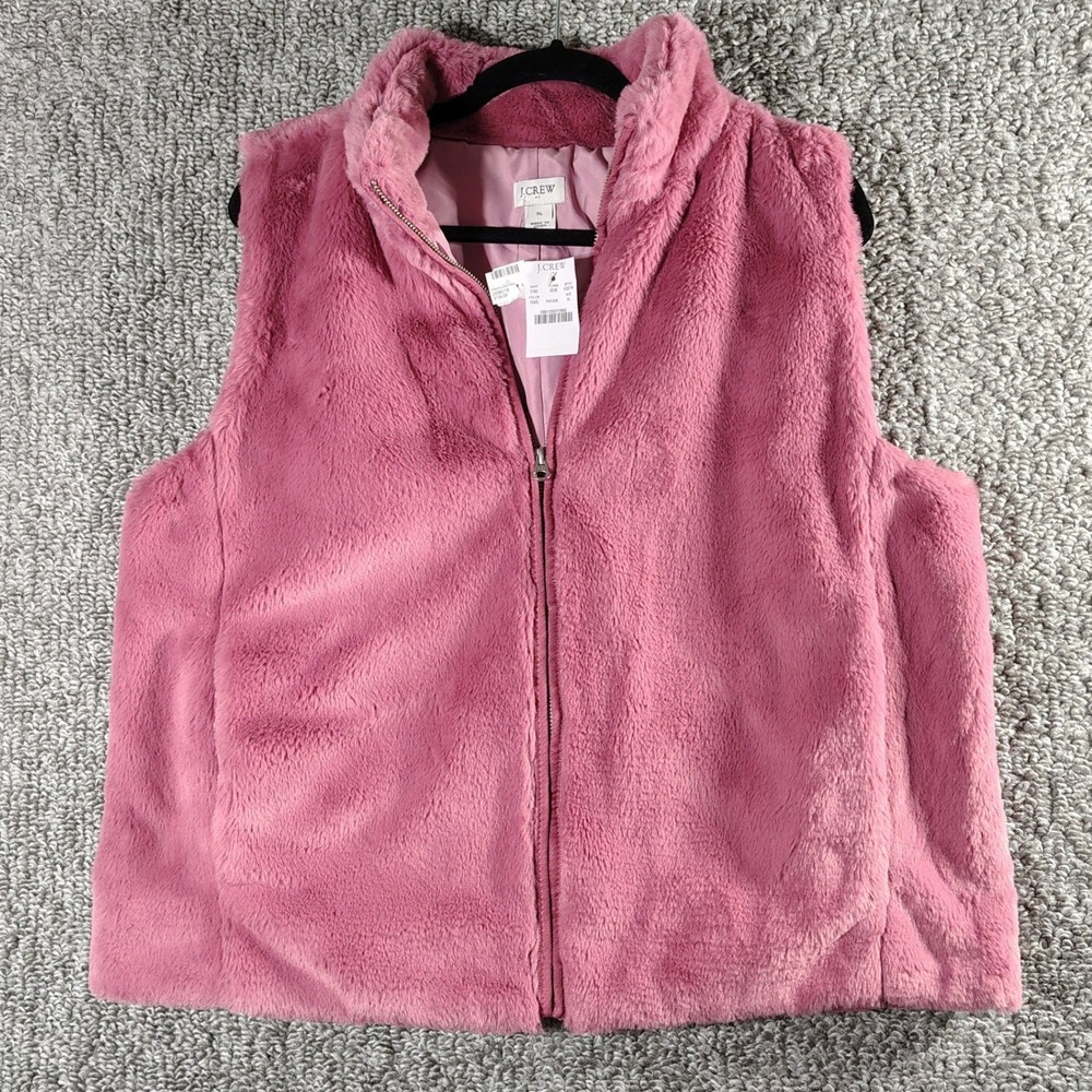 J.Crew Faux Fur Vest Pink Full Zip Women XL Coquette Mob Wife Glam